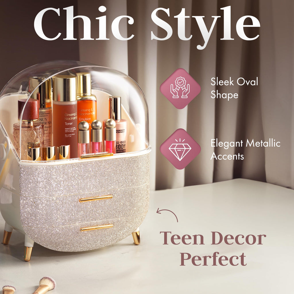 Oizeir Covered Makeup Countertop – Large Cosmetic Organizer with Clear Lid & Drawers