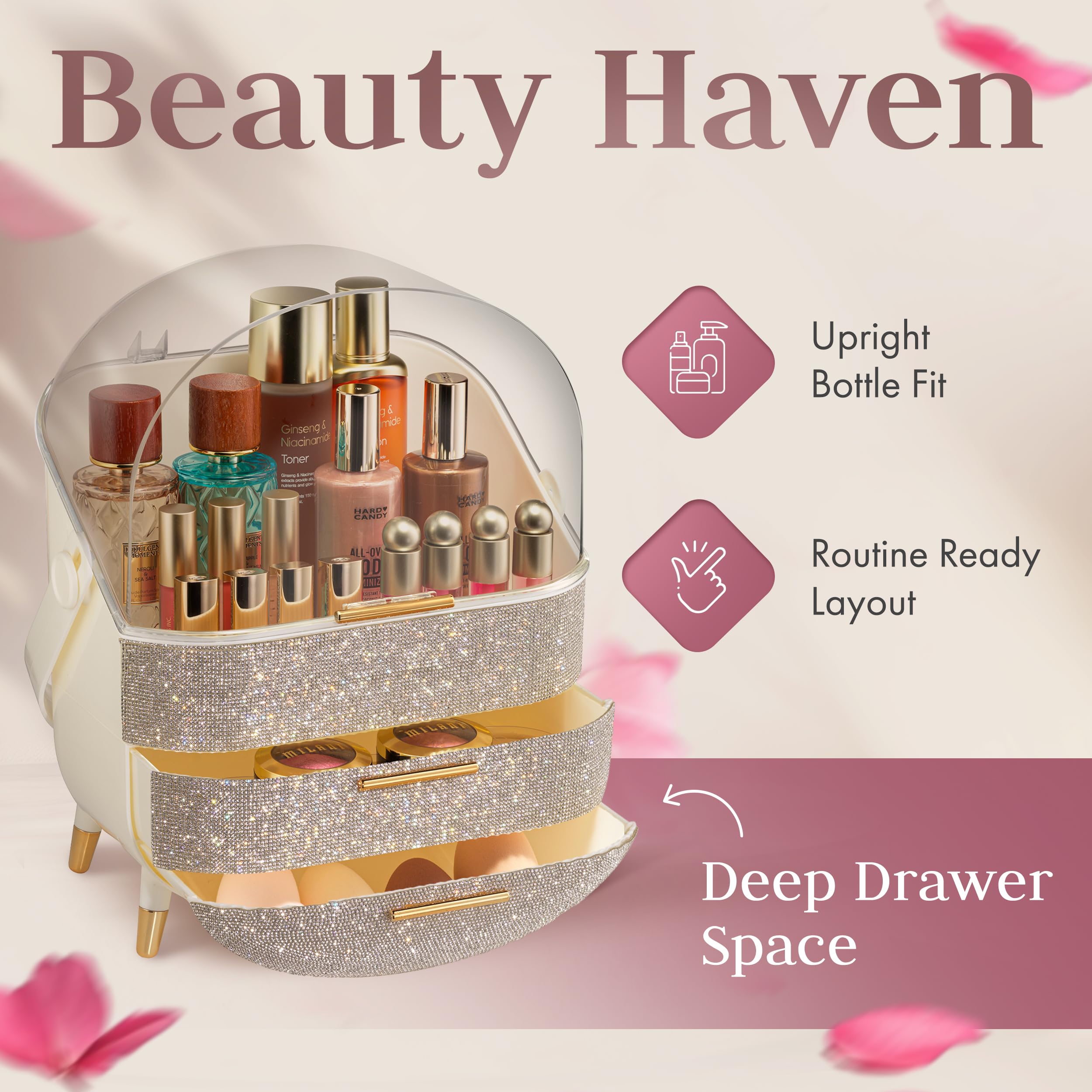 Oizeir Covered Makeup Countertop – Large Cosmetic Organizer with Clear Lid & Drawers