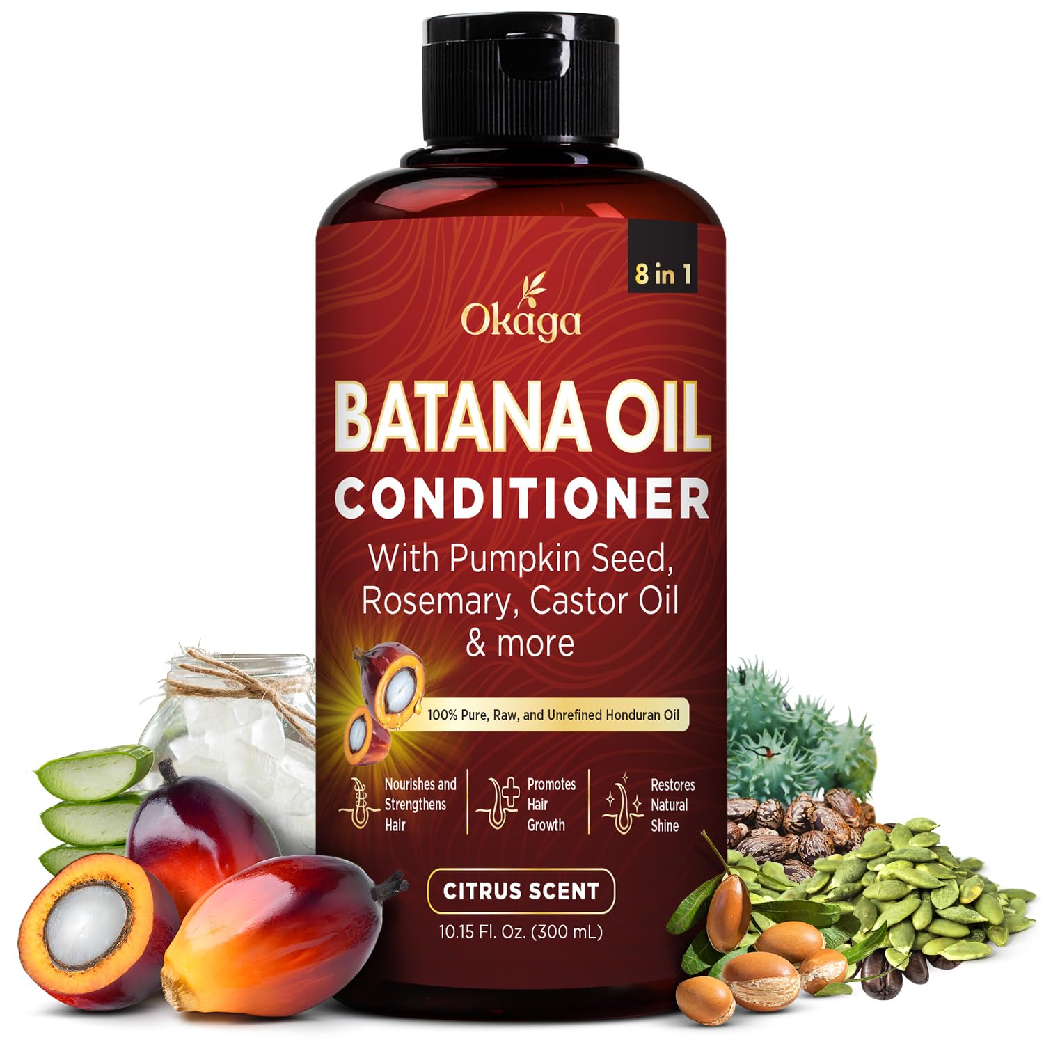 Okaga Batana Oil Conditioner for Hair Growth — 8-in-1 Formula with Aloe Vera, Biotin, Jojoba, Argan (10.15 fl oz) Citrus Scent