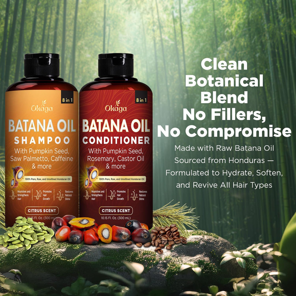Okaga Batana Oil Shampoo & Conditioner Bundle – 2 × 10.15 fl oz, Citrus Scent, 8‑in‑1 Plant‑Based Hair Care