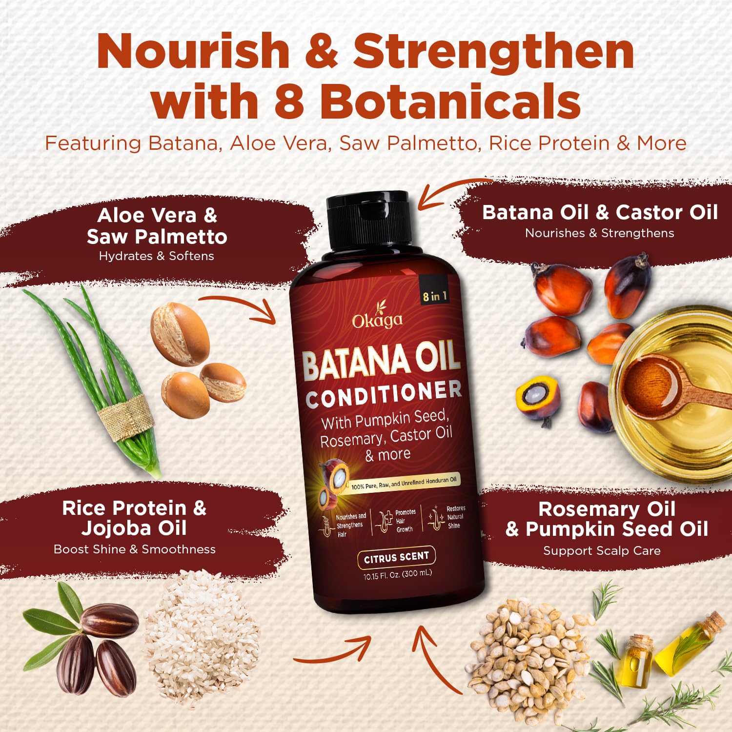 Okaga Batana Oil Conditioner for Hair Growth — 8-in-1 Formula with Aloe Vera, Biotin, Jojoba, Argan (10.15 fl oz) Citrus Scent