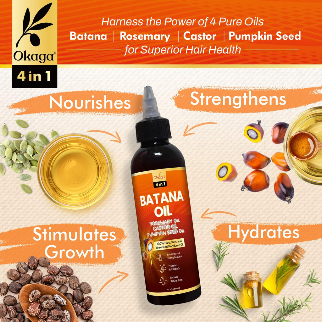 Okaga Batana Oil for Hair Growth – Rosemary, Castor & Pumpkin Seed Oils, Honduran Formula (3-Pack)