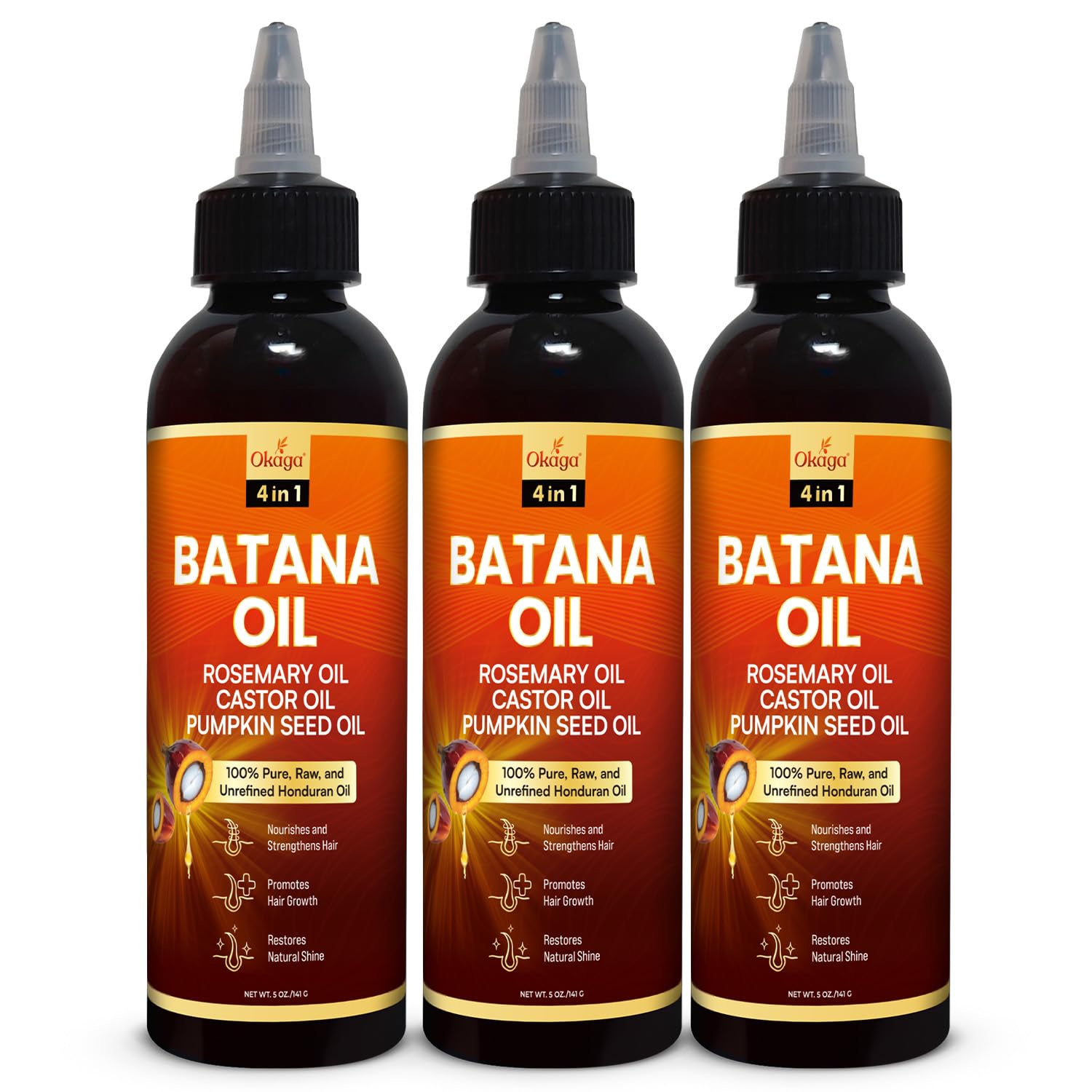 Okaga Batana Oil for Hair Growth – Rosemary, Castor & Pumpkin Seed Oils, Honduran Formula (3-Pack)