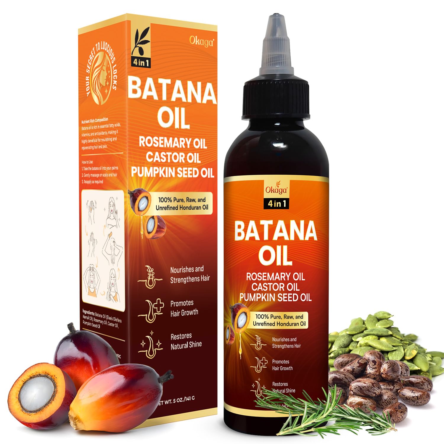 Okaga Batana Oil for Hair Growth with Rosemary, Castor & Pumpkin Seed Oils – 5oz