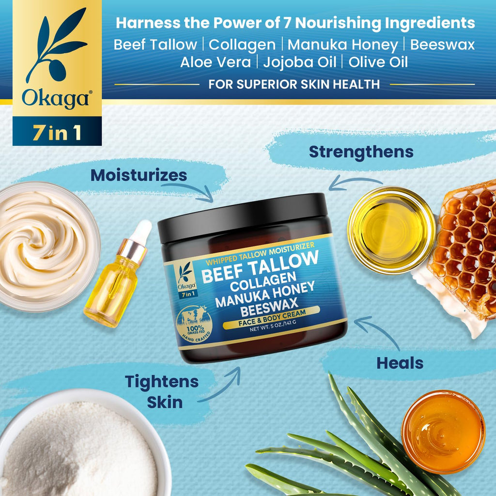 Okaga Organic Beef Tallow Balm 3 Pack - Manuka Honey, Aloe & Collagen