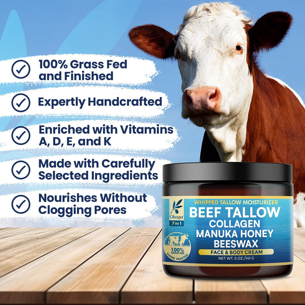 Okaga Organic Beef Tallow Balm 3 Pack - Manuka Honey, Aloe & Collagen
