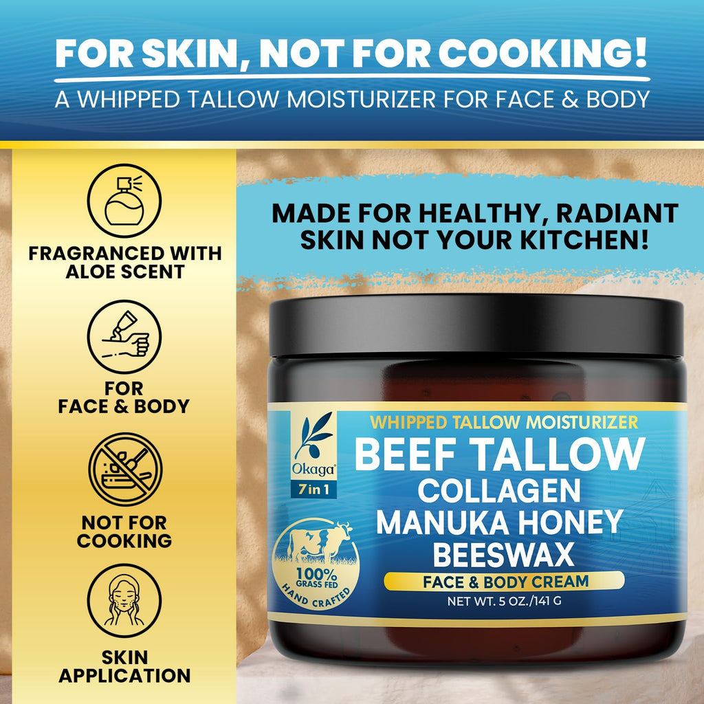 Okaga Organic Beef Tallow Balm – Grass-Fed, Manuka Honey & Aloe | 5oz