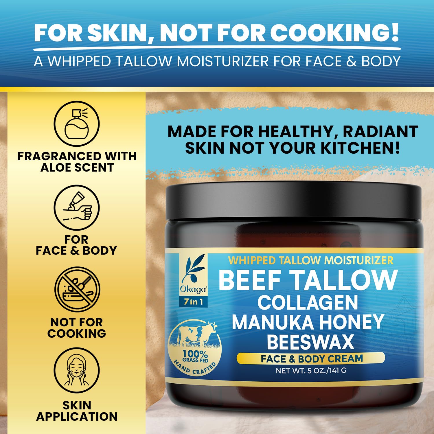 Okaga Organic Beef Tallow Balm – Grass-Fed, Manuka Honey & Aloe | 5oz