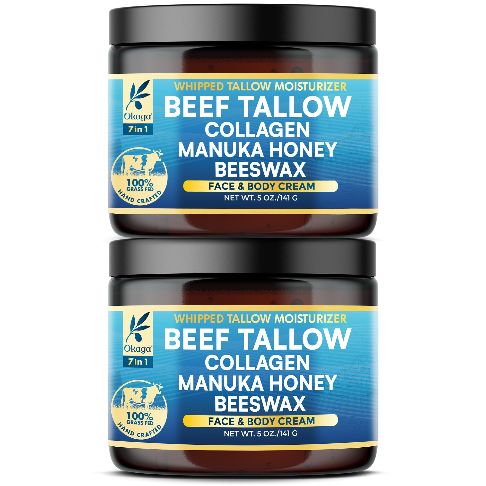 Okaga Organic Beef Tallow Balm 2 Pack – Grass-Fed Tallow with Manuka Honey & Aloe