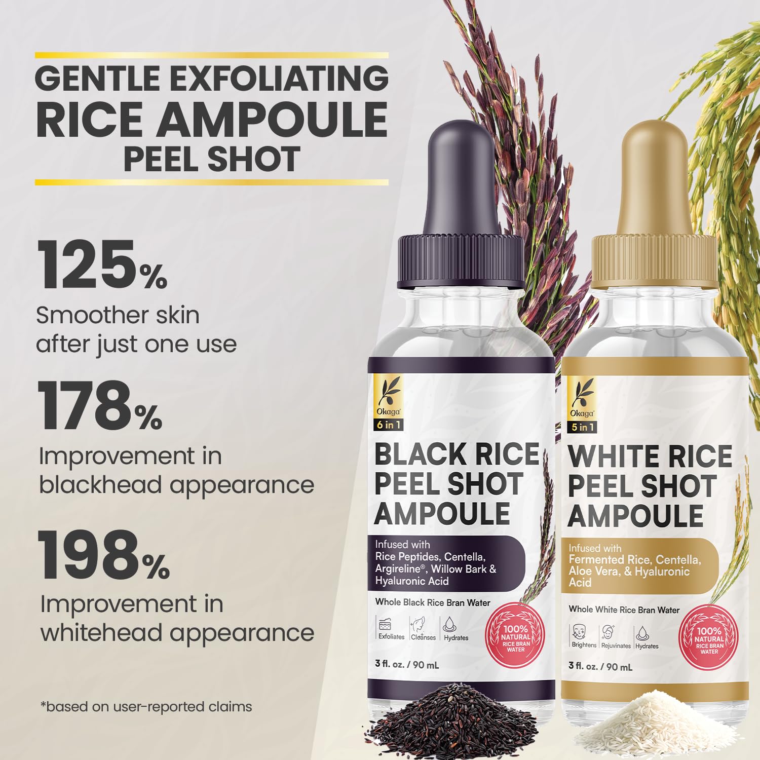 Okaga Peel Shot Glow Rice Ampoule Duo – White & Black Rice Exfoliant Skincare for All Skin Types