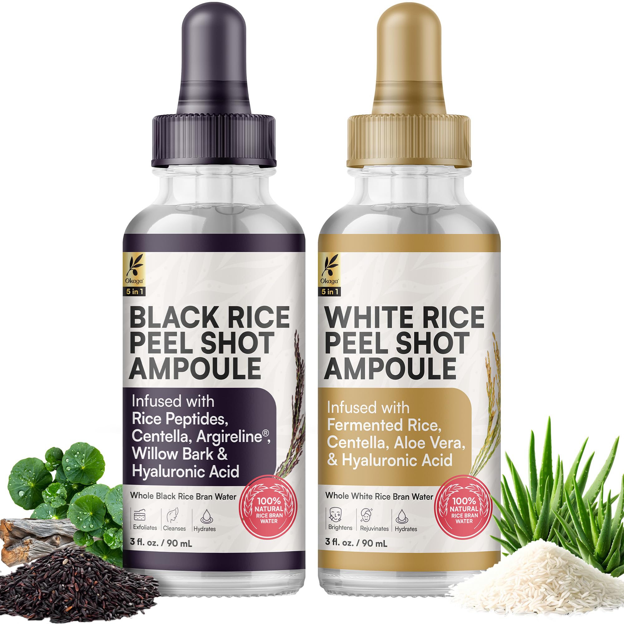 Okaga Peel Shot Glow Rice Ampoule Duo – White & Black Rice Exfoliant Skincare for All Skin Types