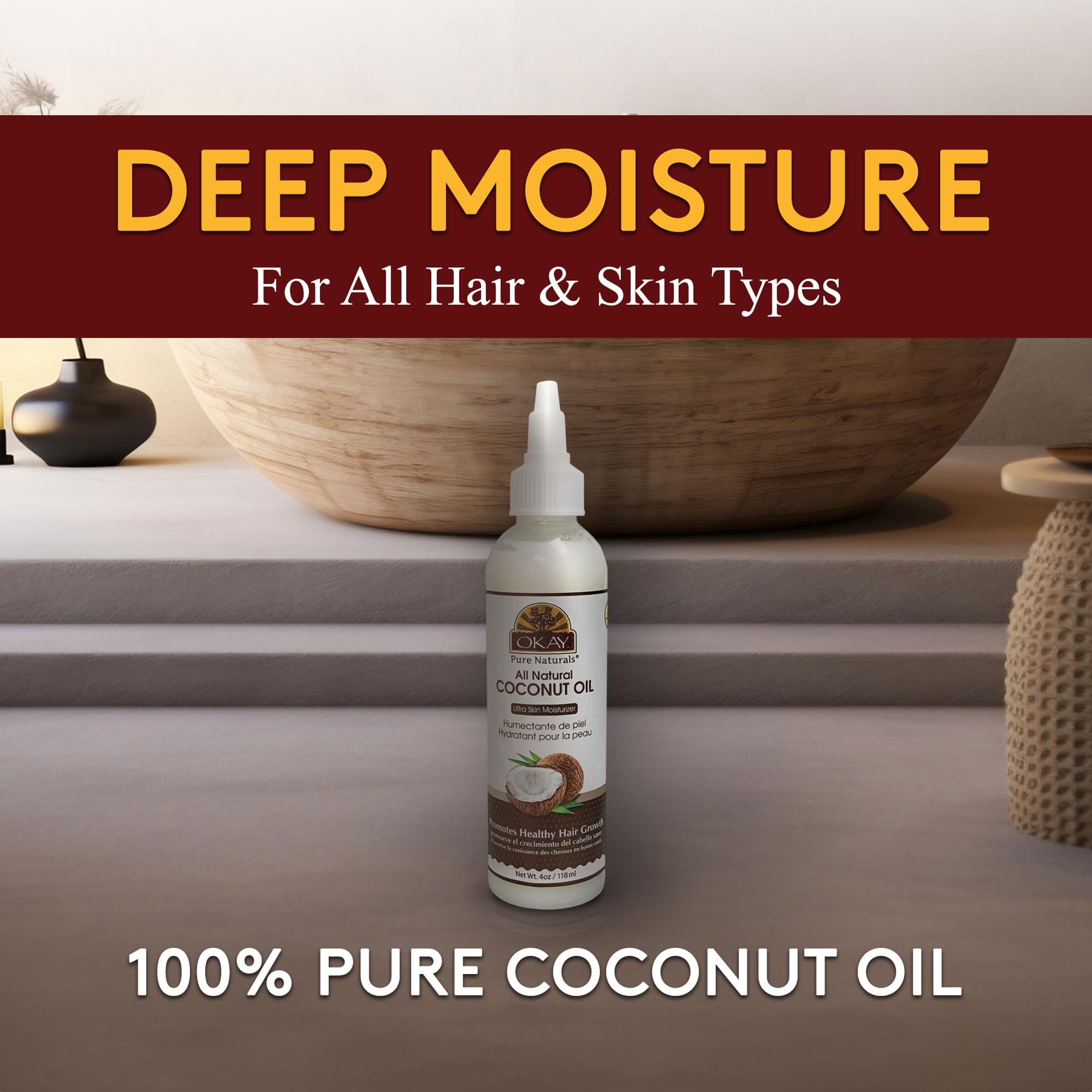 OKAY 100% Pure Coconut Oil for Hair & Skin | 4 Fl Oz Bottle (Pack of 2)