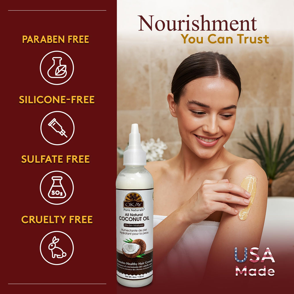 OKAY 100% Pure Coconut Oil for Hair & Skin | 4 Fl Oz Bottle (Pack of 2)