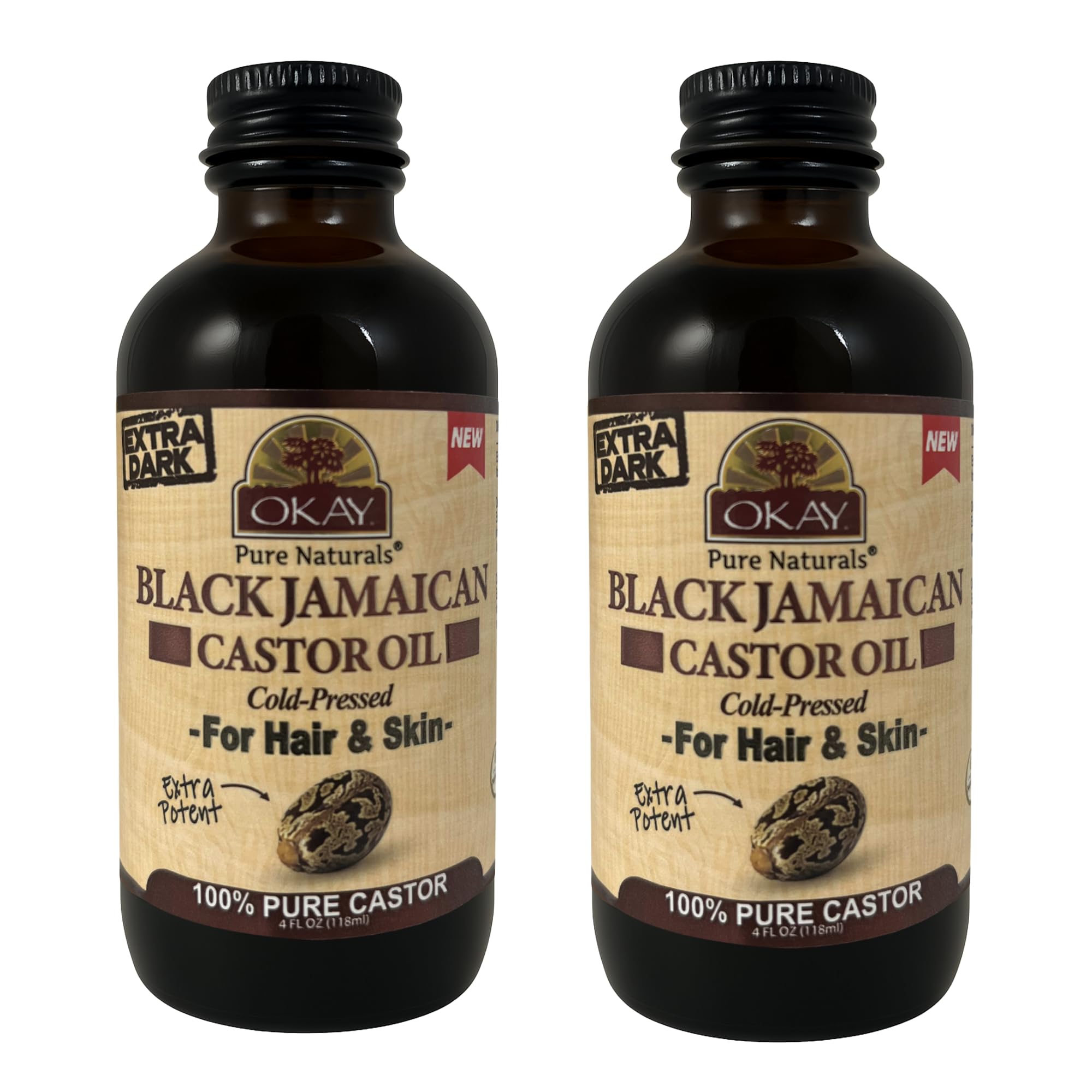 OKAY Pure Naturals Extra Dark Jamaican Castor Oil – 4 oz Glass Bottle (Pack of 2) for Hair & Skin