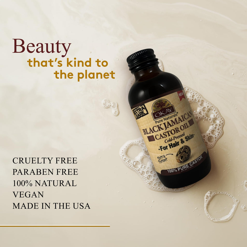 OKAY Pure Naturals Extra Dark Jamaican Castor Oil – 4 oz Glass Bottle (Pack of 2) for Hair & Skin