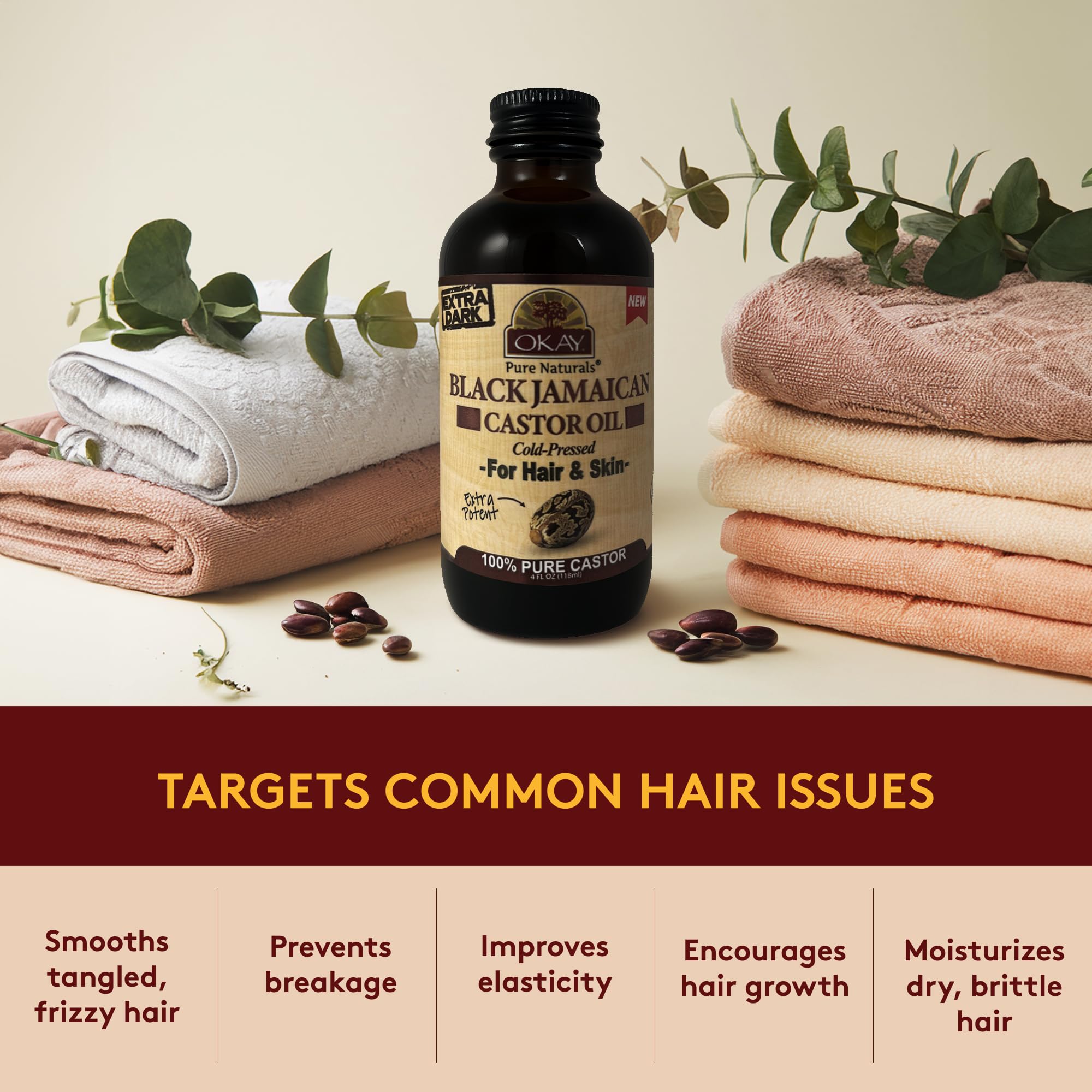 OKAY Pure Naturals Extra Dark Jamaican Castor Oil – 4 oz Glass Bottle (Pack of 2) for Hair & Skin