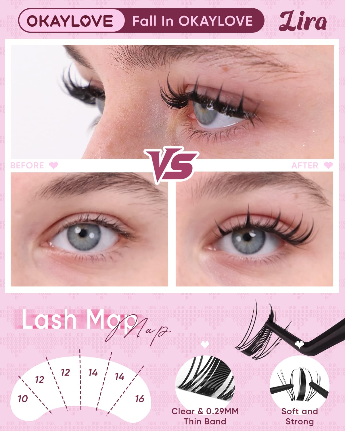 OKAYLOVE LIRA Manga Lash Clusters 12mm – 80pcs CC Curl Clear Band DIY Extensions