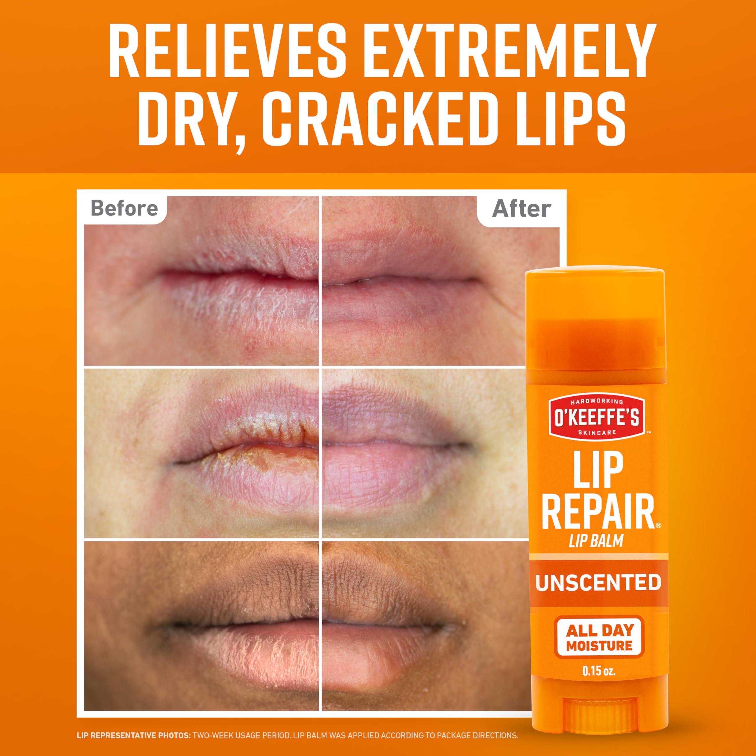 O'Keeffe's Lip Repair Unscented Lip Balm Stick – 6-Pack for Dry, Cracked Lips