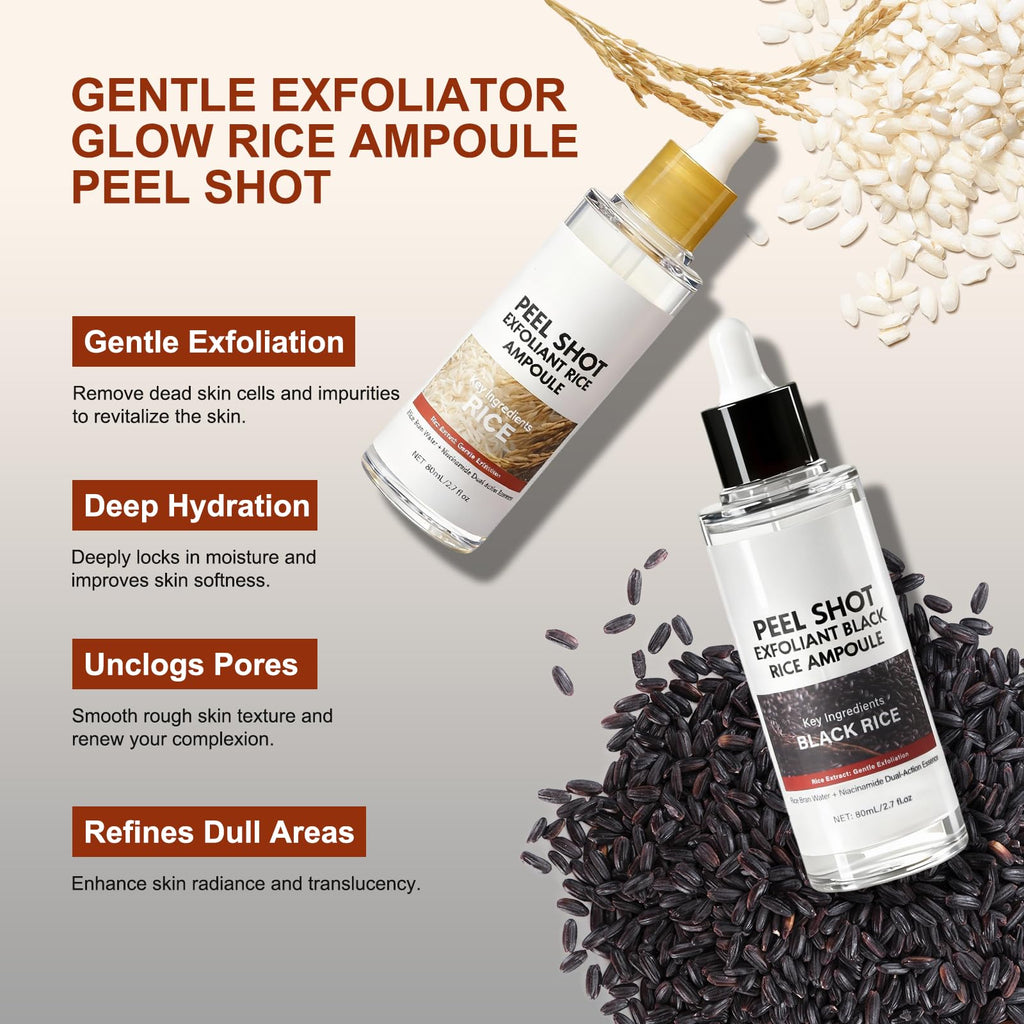 OLACLUK Peel Shot Glow Rice Ampoule Duo – White & Black Rice Exfoliators for Hydration & Pore Care