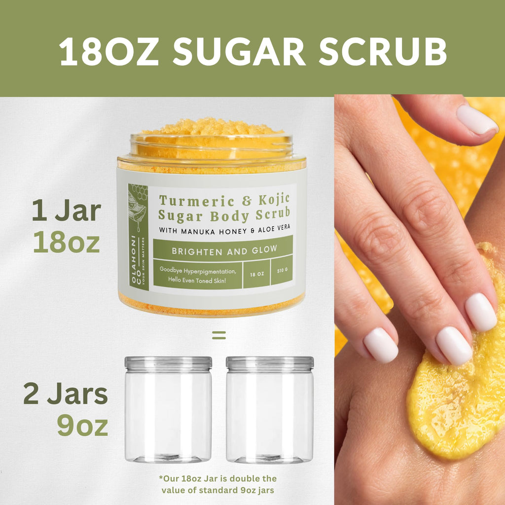 Olahoni Kojic Acid Turmeric & Manuka Honey Sugar Scrub – Exfoliate, Brighten, Hydrate – 18 oz Jar – Made in USA