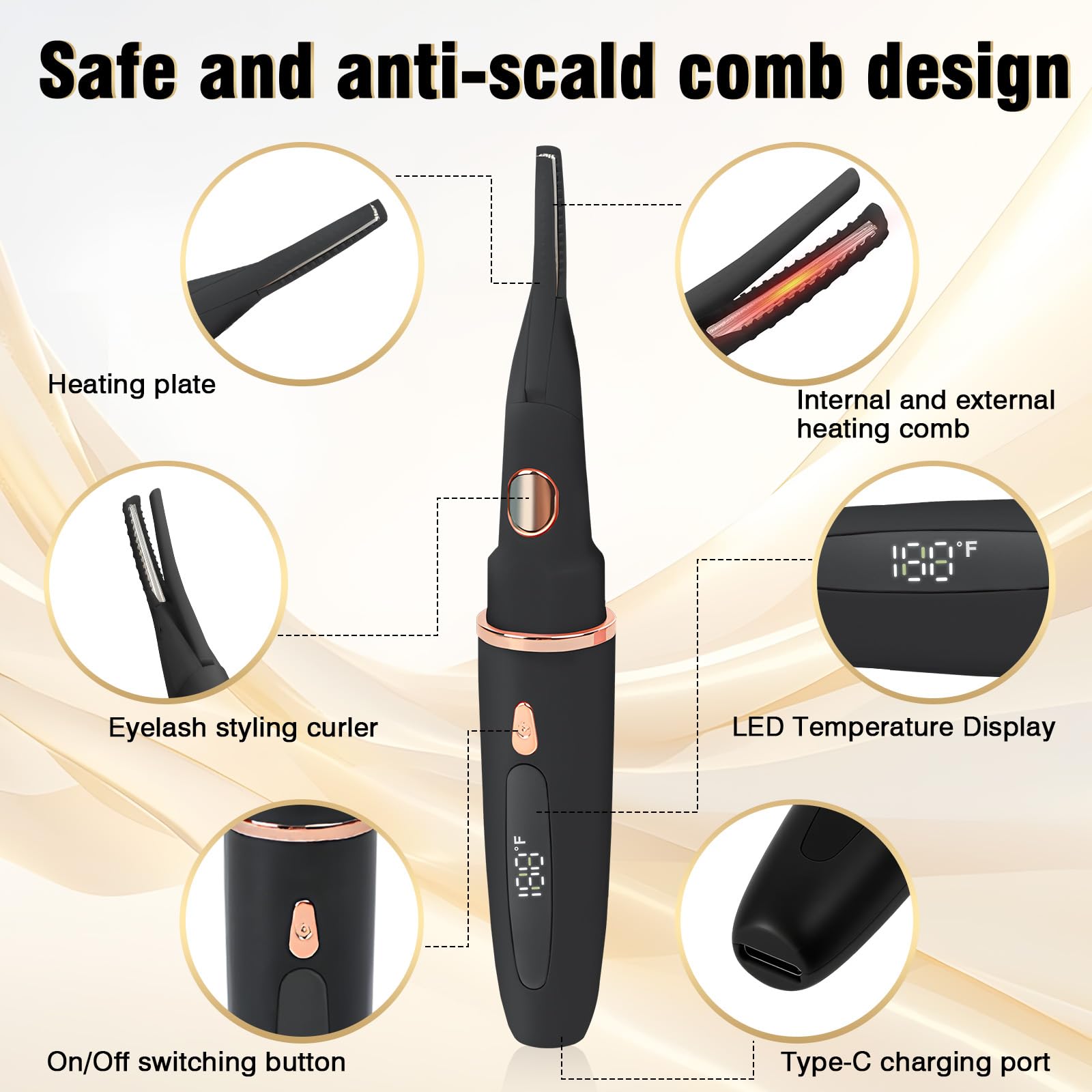 Olassubd USB-Rechargeable Heated Eyelash Curler with LED Display – 3 Temp Settings, Mini Portable Design