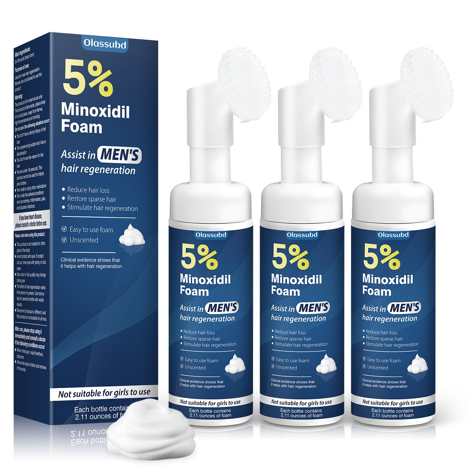 Olassubd Minoxidil 5% Foam for Men – Hair Growth Foam (3 Bottles, 2.11 oz Each)