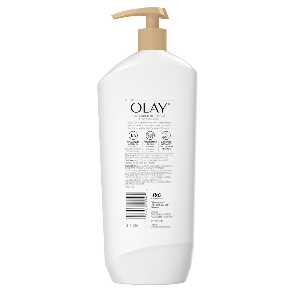 Olay Body Lotion for Women – 24-Hour Hydration, Day & Night Restoring, Fragrance Free, 18 oz