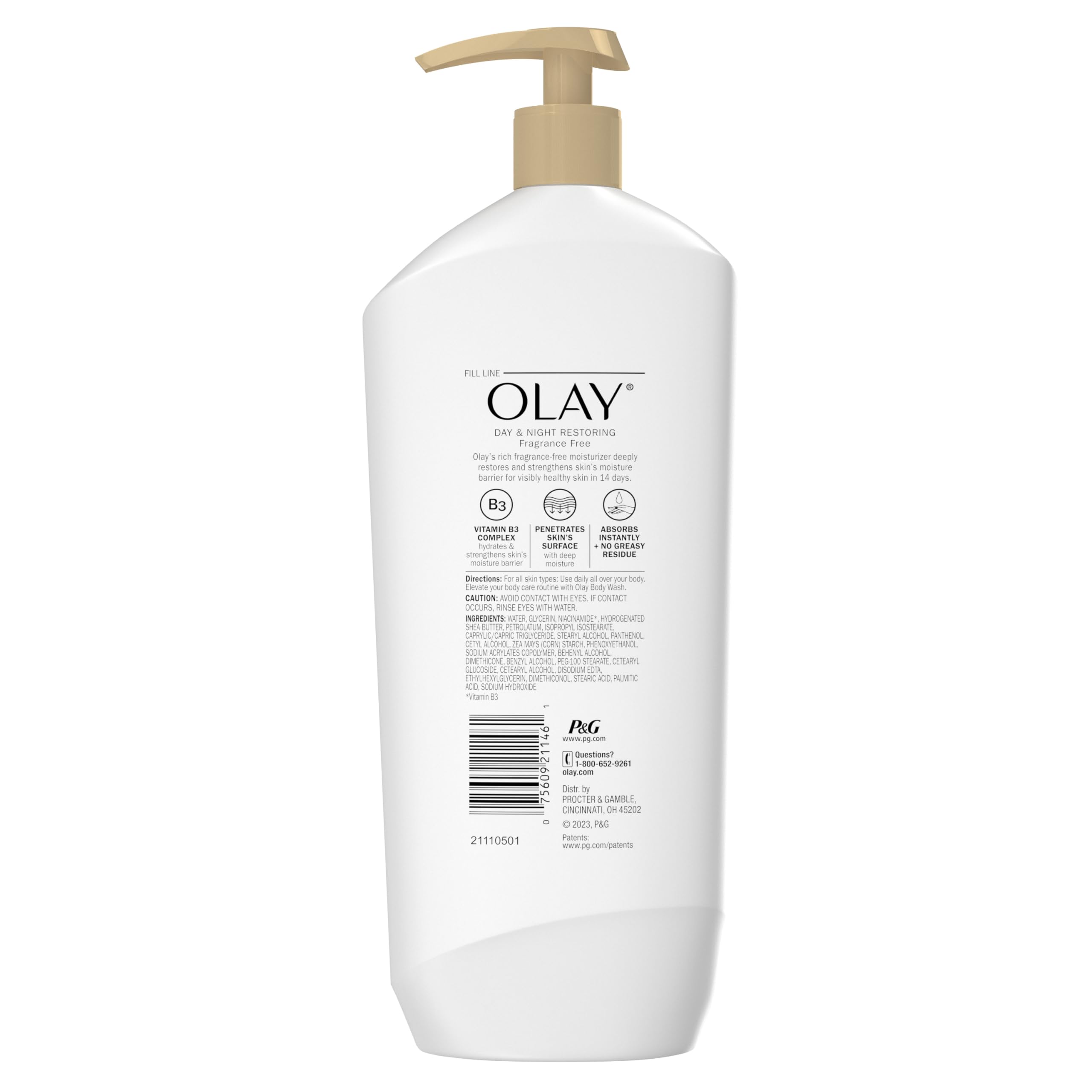 Olay Body Lotion for Women – 24-Hour Hydration, Day & Night Restoring, Fragrance Free, 18 oz