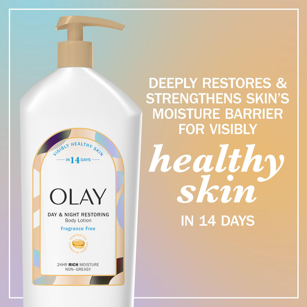 Olay Body Lotion for Women – 24-Hour Hydration, Day & Night Restoring, Fragrance Free, 18 oz