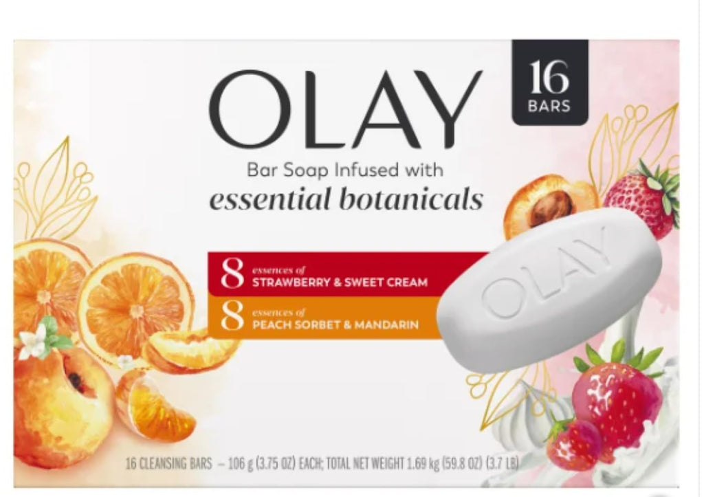 Olay Botanical Bliss Bar Soap – 16 Pack (3.75 oz Each) | Strawberry & Sweet Cream, Peach Sorbet & Mandarin