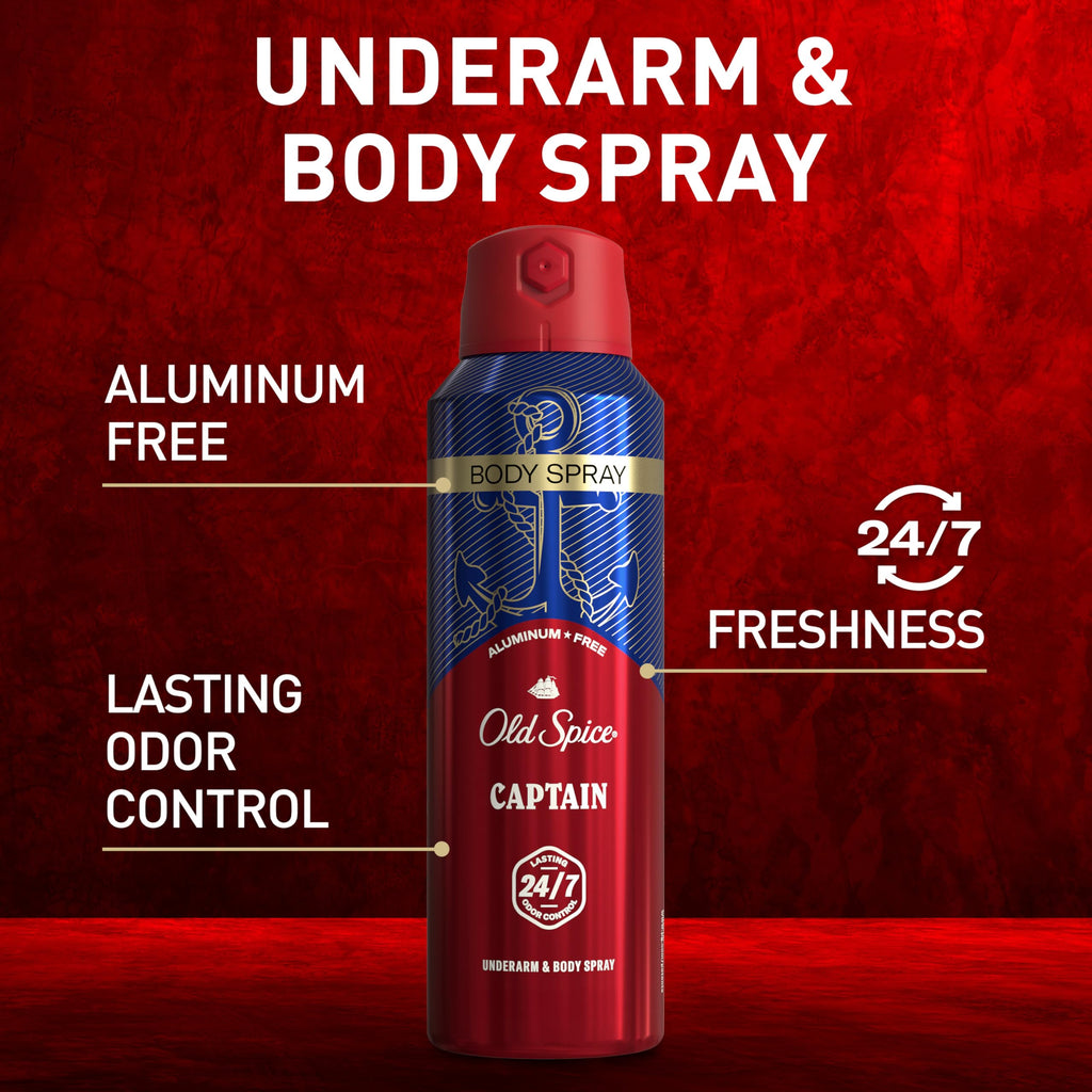 Old Spice Captain Aluminum Free Body Spray for Men – 24/7 Odor Protection, 48-Hour Freshness, 5.1 oz (Pack of 3)