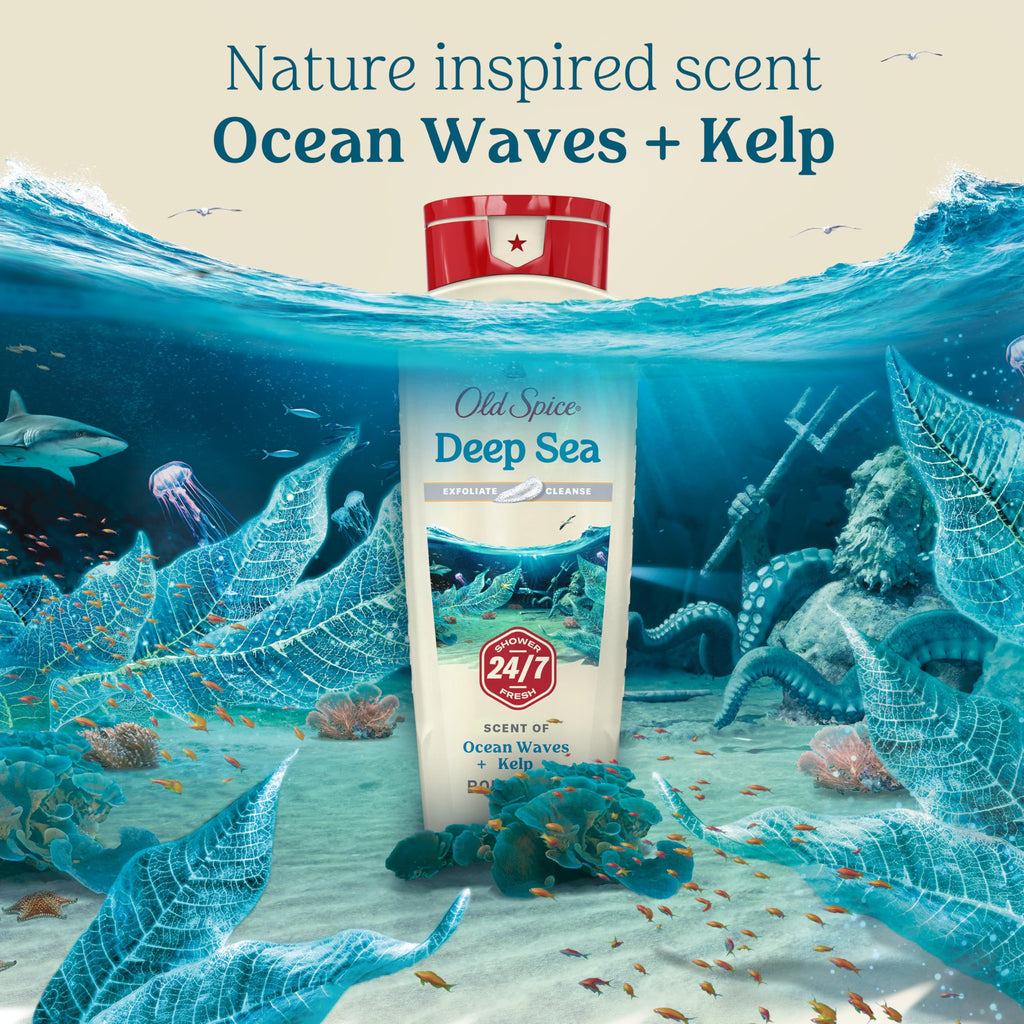 Old Spice Deep Cleanse Body Wash for Men – 24/7 Shower Fresh, Exfoliate & Cleanse, Deep Sea Minerals, Ocean Waves + Kelp Scent, 18 oz x4