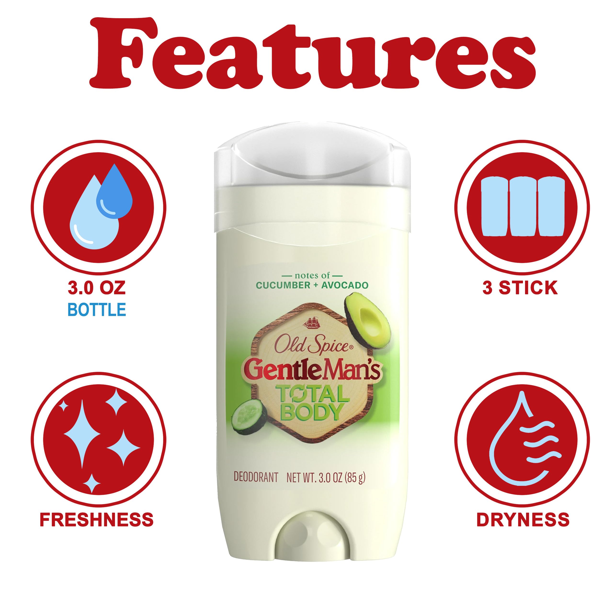 Old Spice GentleMan’s Total Body Deodorant Stick – Aluminum-Free, Cucumber & Avocado, 3 x 3 oz