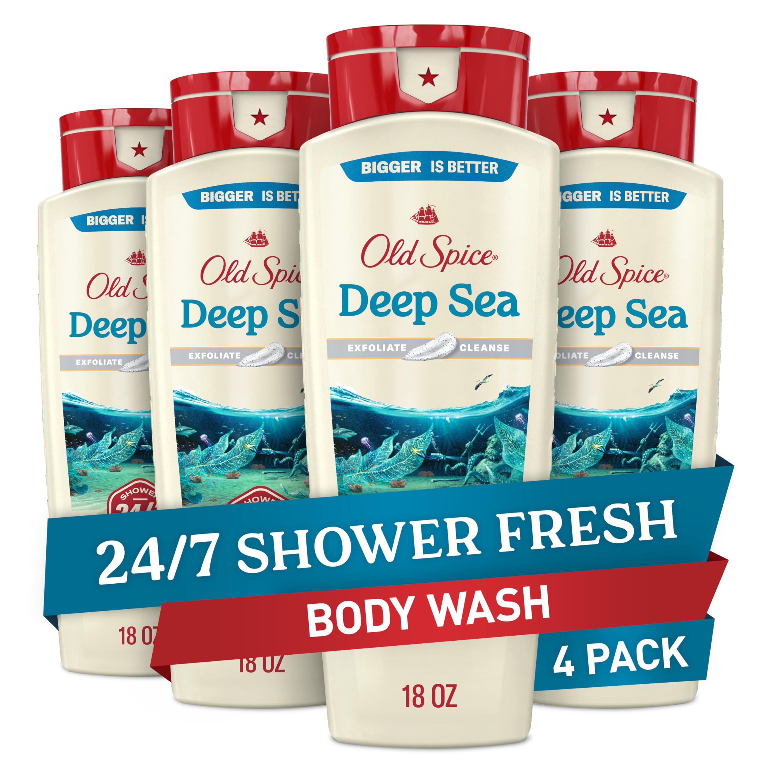 Old Spice Deep Cleanse Body Wash for Men – 24/7 Shower Fresh, Exfoliate & Cleanse, Deep Sea Minerals, Ocean Waves + Kelp Scent, 18 oz x4