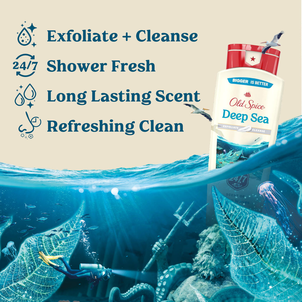 Old Spice Deep Cleanse Body Wash for Men – 24/7 Shower Fresh, Exfoliate & Cleanse, Deep Sea Minerals, Ocean Waves + Kelp Scent, 18 oz x4