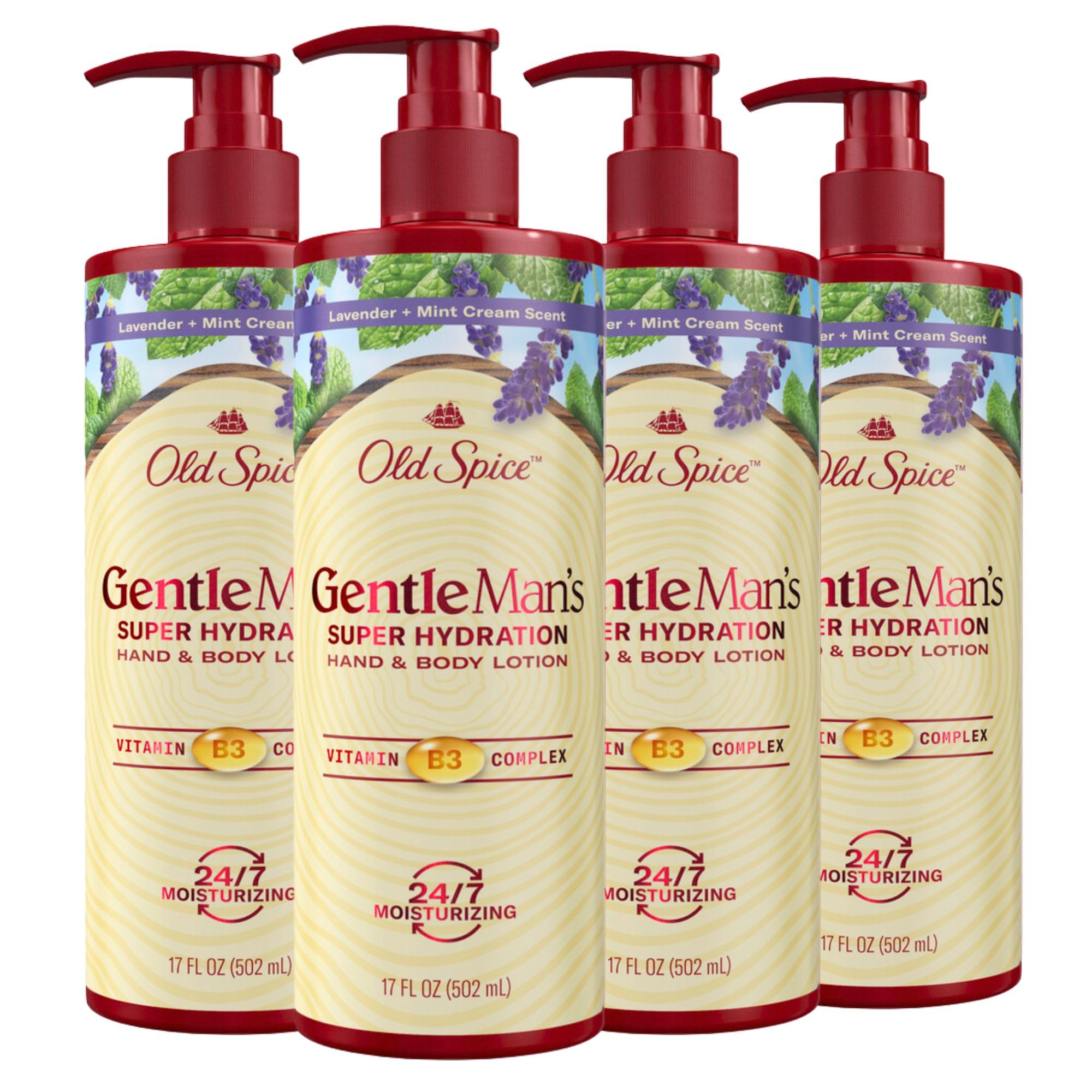 Old Spice Hand & Body Lotion for Men – Gentleman's Super Hydration with Vitamin B3, Lavender + Mint, 17 oz (Pack of 4)