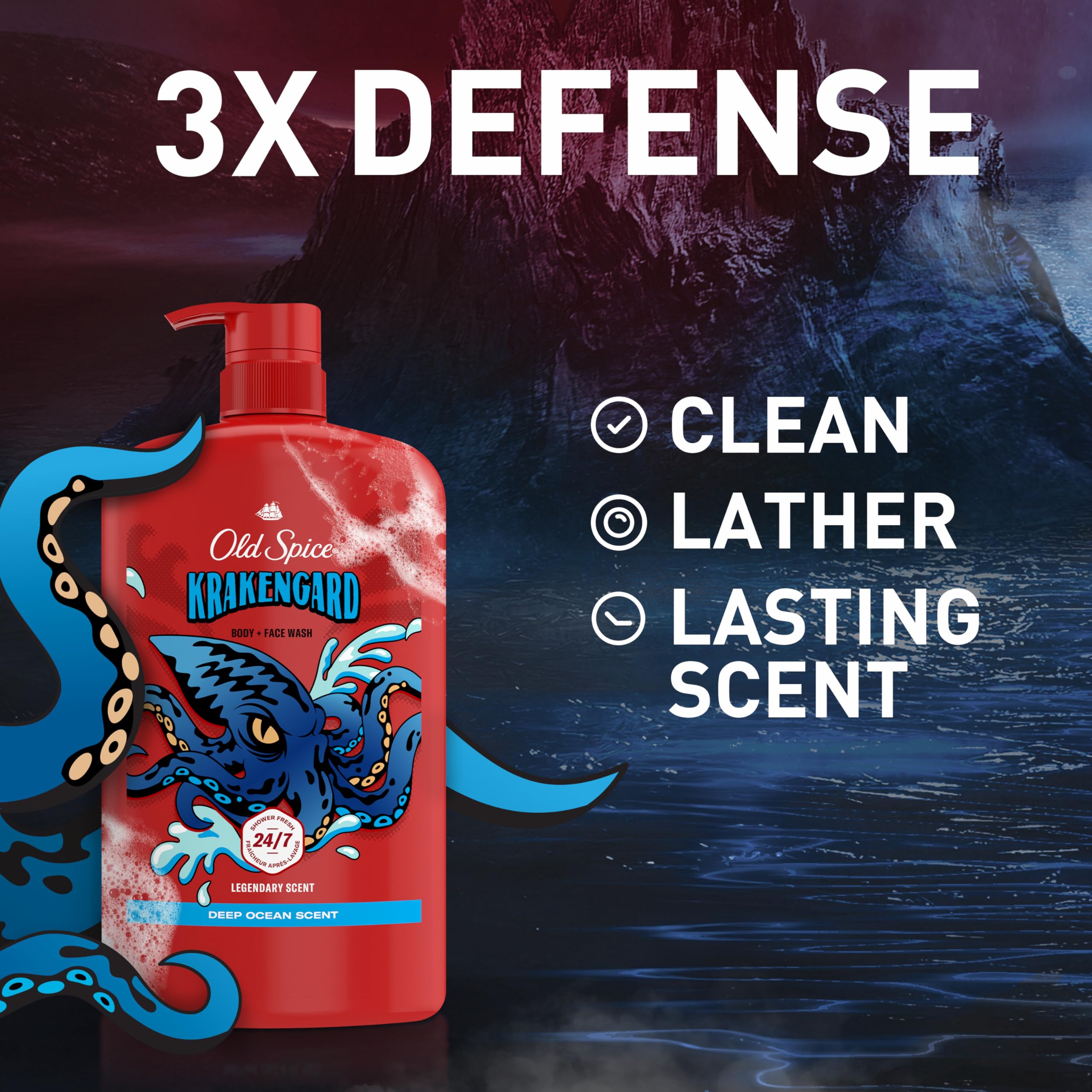 Old Spice Krakengard Body Wash 3X Defense – 24/7 Shower Fresh, 33.4 oz Pack of 4, 2-in-1