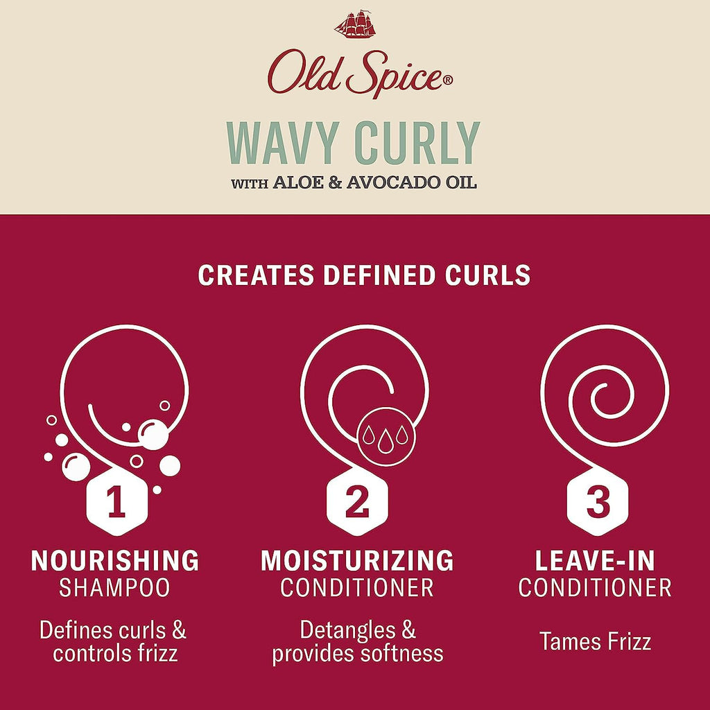 Old Spice Wavy Curly Hair Shampoo, Conditioner & Leave-In Set for Men | Regimen Bundle