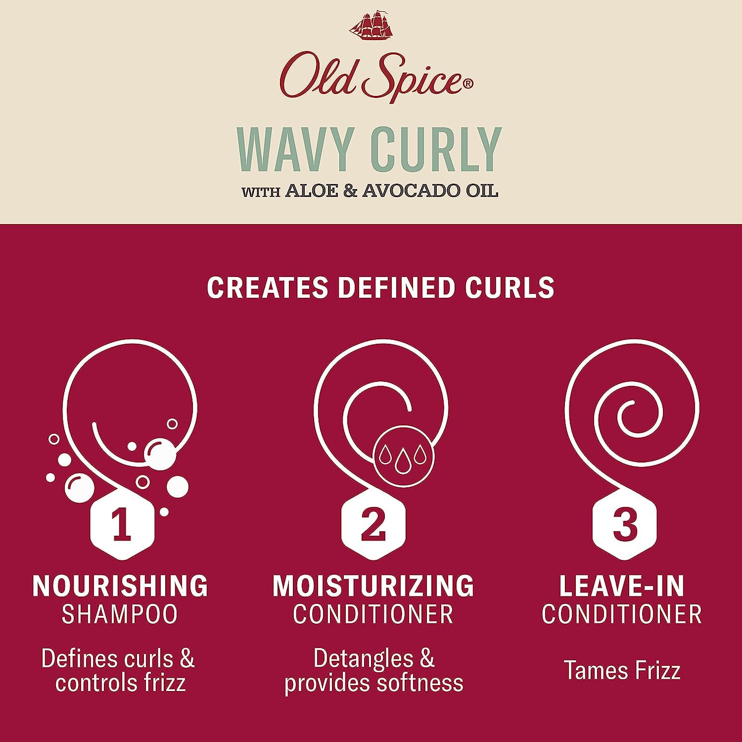 Old Spice Wavy Curly Hair Shampoo, Conditioner & Leave-In Set for Men | Regimen Bundle