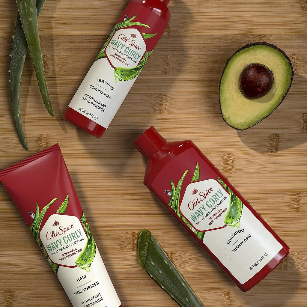 Old Spice Wavy Curly Hair Shampoo, Conditioner & Leave-In Set for Men | Regimen Bundle