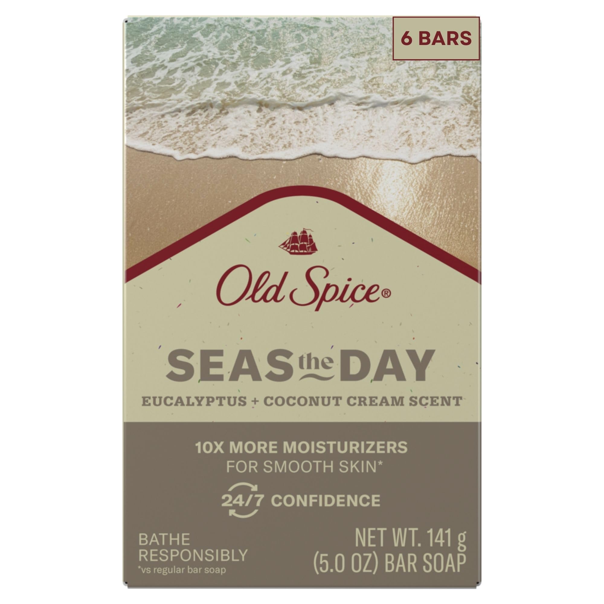 Old Spice Seas the Day Premium Bar Soap – Eucalyptus & Coconut Cream, Plant-Based Cleanser (Pack of 6)