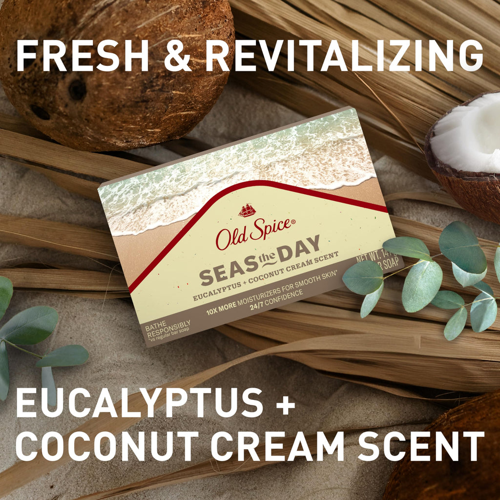 Old Spice Seas the Day Premium Bar Soap – Eucalyptus & Coconut Cream, Plant-Based Cleanser (Pack of 6)