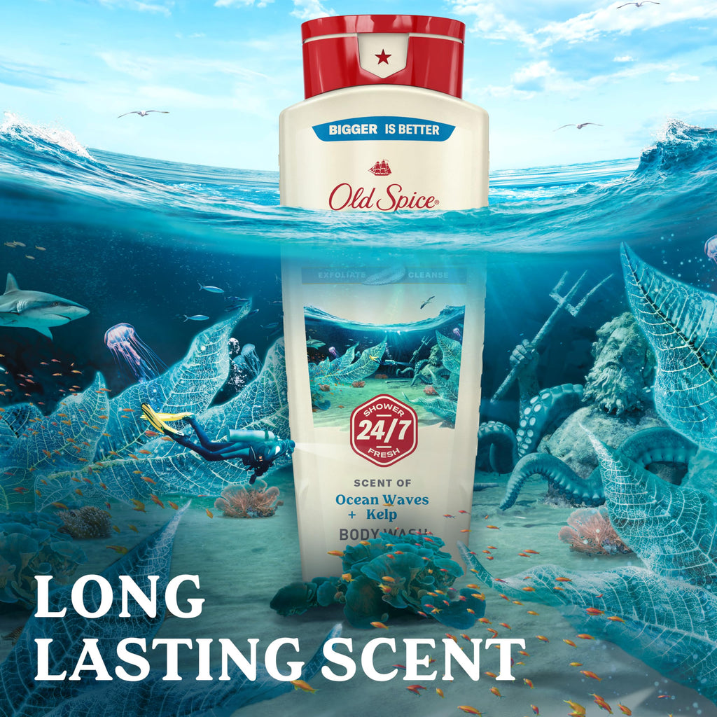 Old Spice Deep Cleanse Body Wash for Men – 24/7 Shower Fresh, Exfoliate & Cleanse, Deep Sea Minerals, Ocean Waves + Kelp Scent, 18 oz x4
