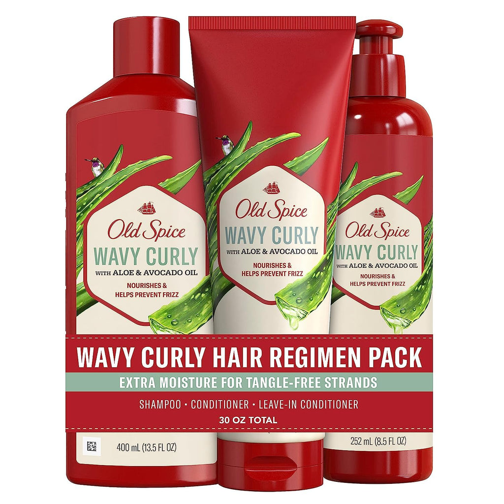 Old Spice Wavy Curly Hair Shampoo, Conditioner & Leave-In Set for Men | Regimen Bundle
