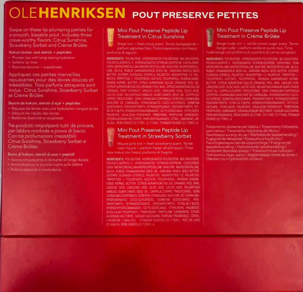 Ole Henriksen Pout Preserve Petites Lip Trio – Mini Peptide Lip Treatments in Citrus Sunshine, Strawberry Sorbet & Crème Brûlée