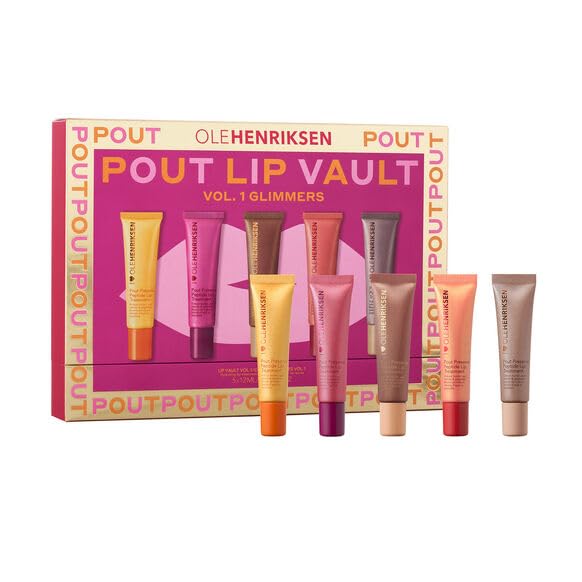 Ole Henriksen Pout Preserve Glimmer Vault Set — 5 Lip Treatments (0.4 oz each) in Strawberry Sorbet, Citrus Sunshine, Lingonberry Jam, Creme Brulee, Cocoa Creme
