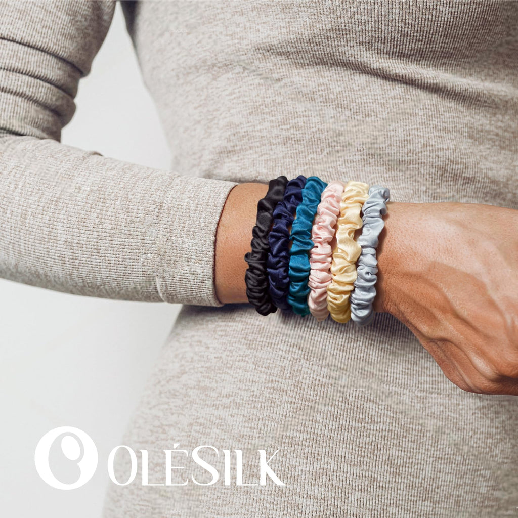 OLESILK 100% Mulberry Silk Hair Ties for Women | Skinny Scrunchies, No Damage, No Crease, 5 Pack, Black