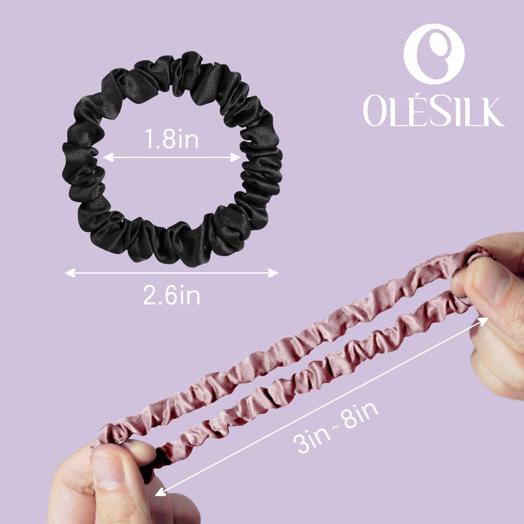 OLESILK 100% Mulberry Silk Hair Ties for Women | Skinny Scrunchies, No Damage, No Crease, 5 Pack, Black