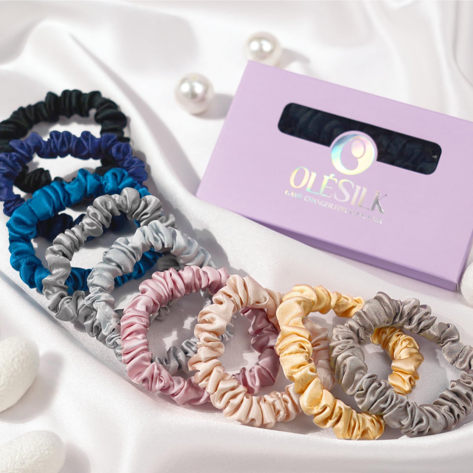 OLESILK Silk Hair Ties – 100% Mulberry Silk Skinny Scrunchies for Thin Hair, 5 Pack