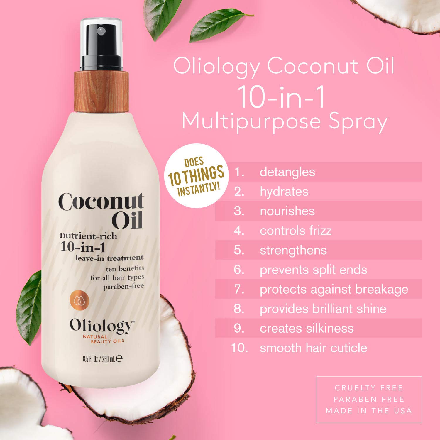 Oliology Coconut Oil 10-in-1 Spray – Leave-In Hair Treatment for All Hair Types | Detangles, Frizz Control, Hydration